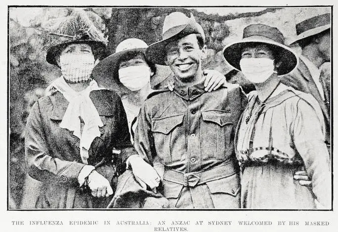 The influenza epidemic in Australia: an Anzac at Sydney welcomed by his masked relatives