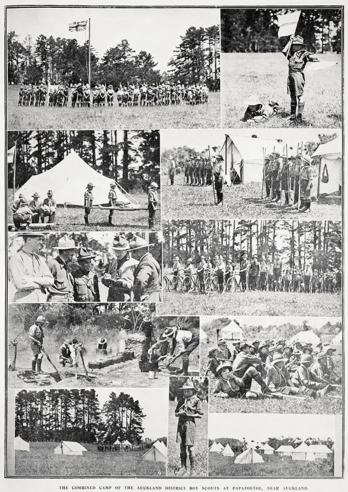 The combined camp of the Auckland district boy scouts at Papatoetoe, near Auckland