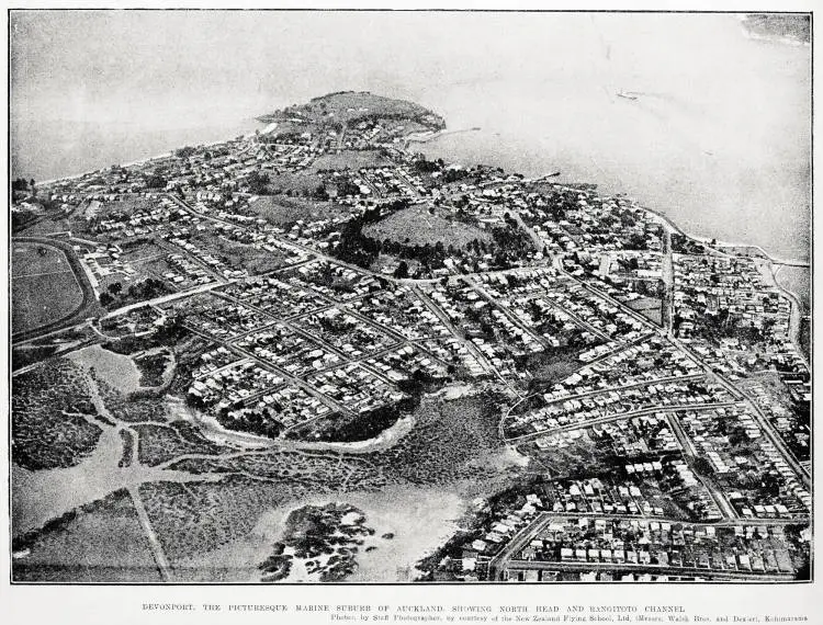 Devonport, the picturesque marine suburb of Auckland, showing North Head and Rangitoto Channel