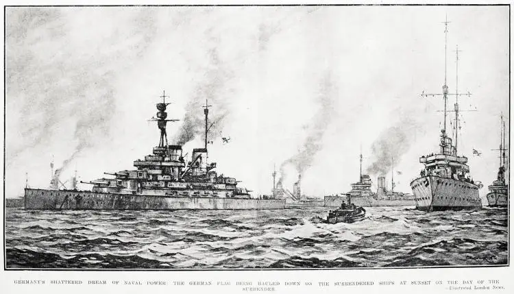 Germany's shattered dream of naval power: the German flag being hauled down on the surrendered ships at sunset on the day of the surrender