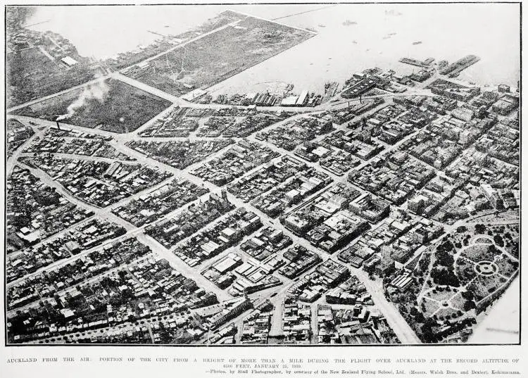 Auckland from the air: portion of the city from a height of more than a mile during the flight over Auckland at the record altitude of 6500 feet, January 25, 1919