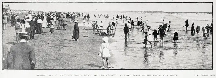 Holiday time at Wanganui, North Island of New Zealand: animated scene on the Castlecliff Beach