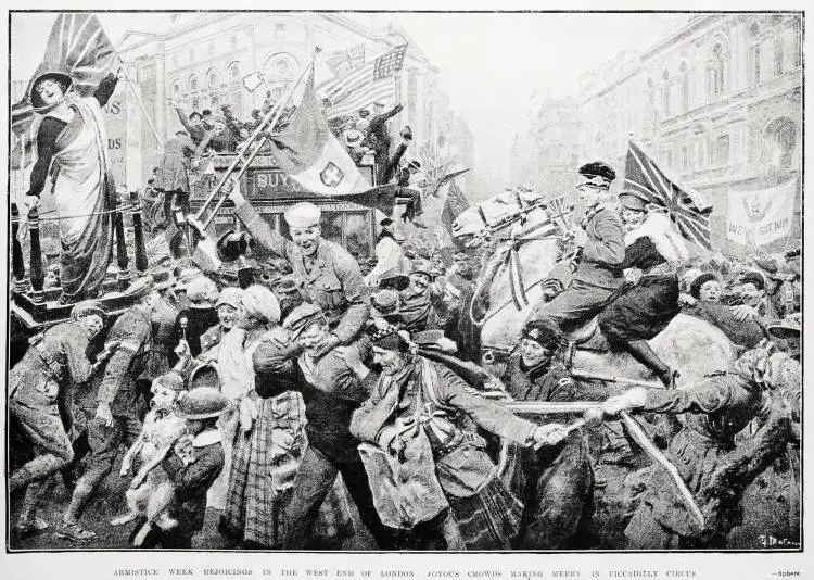 Armistice week rejoicings in the West End of London: joyous crowds making in Piccadilly Circus