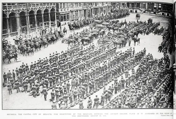 Brussels, the capital city of Belgium, now reoccupied by the Belgians, showing the ancient Grande Place as it appeared on the entry of the despoilers, August 20, 1914