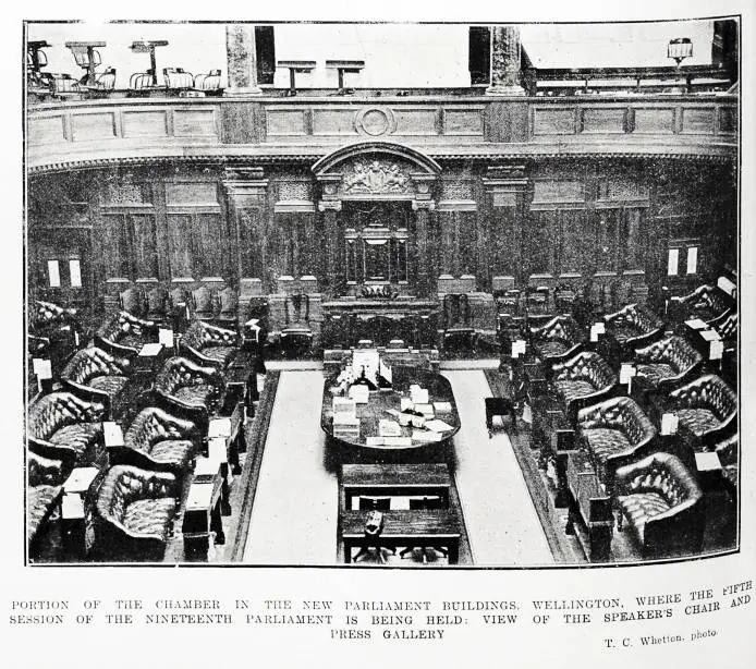 Portion of the chamber in the new Parliament Buildings, Wellington, where the fifth session of the Nineteenth Parliament is being held