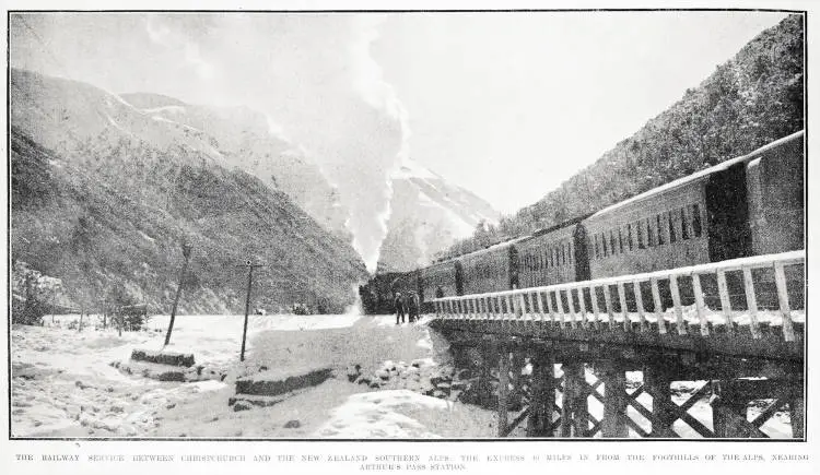 The railway service between Christchurch and the New Zealand Southern Alps: the express 40 miles in from the foothills of the Alps, nearing Arthur's Pass station
