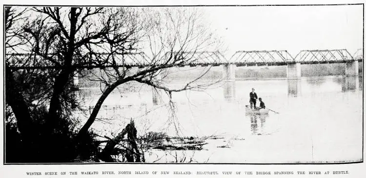 Winter scene on the Waikato River, North Island of New Zealand: beautiful view of the bridge spanning the river at Huntly