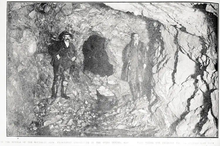 In the bowels of the Southern Alps: flashlight photograph in the Otira tunnel, showing where the headings were pierced last week