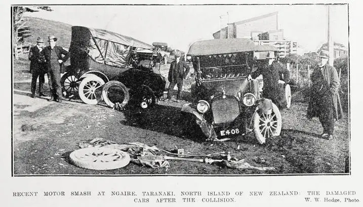 Recent motor smash at Ngaire, Taranaki, North Island of New Zealand: the damaged cars after the collision