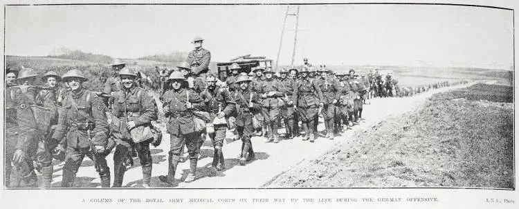 A column of the Royal Army Medical Corps on their way up the line during the German offensive