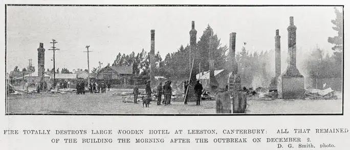 Fire Totally Destroys Large Wooden Hotel At Leeston, Canterbury