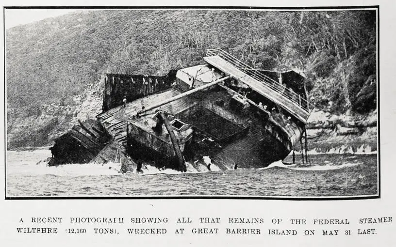 A recent photograph showing all that remains of the Federal Line steamer Wiltshire (12,160 tons), wrecked at Great Barrier Island on May 31 last