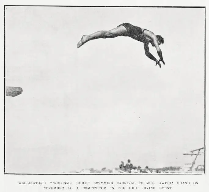 Wellington's 'Welcome Home' swimming carnival for Miss Gwitha Shand on November 25: a competitor in the high diving event