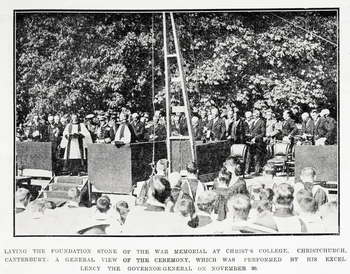 Laying the foundation stone of the war memorial at Christ's College, Christchurch, Canterbury