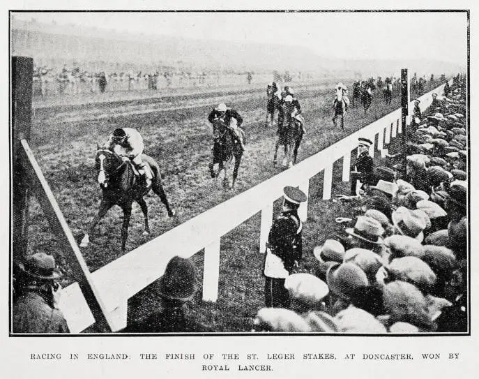 Racing in England: the finish of the St. Leger Stakes at Doncaster, won by Royal Lancer