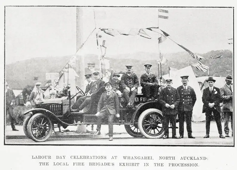 Labour Day celebrations at Whangarei, North Auckland: the local fire brigade's exhibit in the procession
