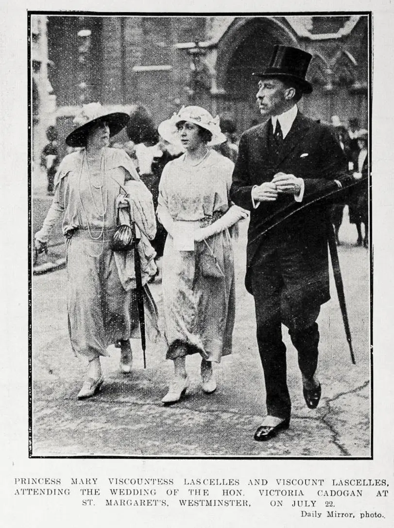 Princess Mary (Viscountess Lascelles, centre) and Viscount Lascelles, attending the wedding of the Hon, Victoria Cadogan at St. Margaret's, Westminster, on July 22