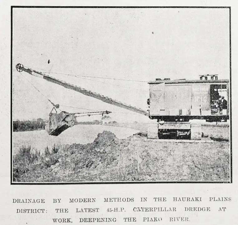 Drainage by modern methods in the Hauraki Plains district: the latest 45-h.p. caterpillar dredge at work, deepening the Piako River