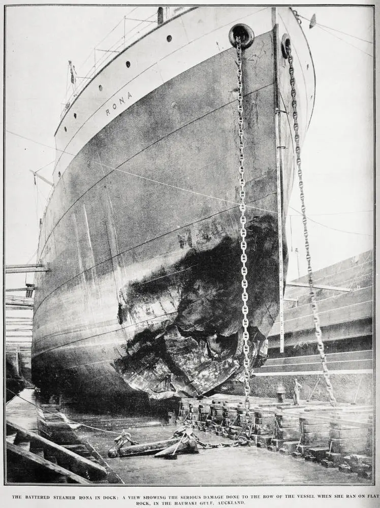 The battered steamer Rona in dock: a view showing the serious damage done to the bow of the vessel when she ran on Flat Rock, in the Hauraki Gulf, Auckland