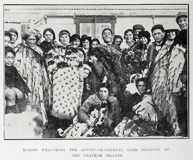 Māori welcoming the Governor-General, Lord Jellicoe at the Chatham Islands