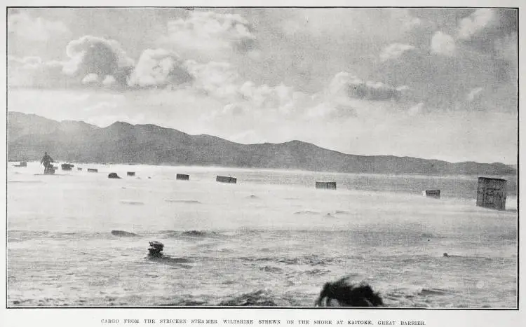 Cargo from the stricken steamer Wiltshire strewn on the shore at Kaitoke, Great Barrier