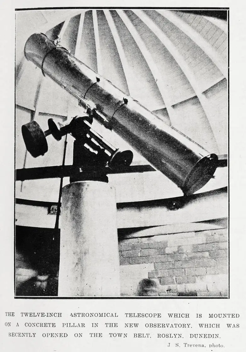 The twelve-inch astronomical telescope which is mounted on a concrete pillar in the new Observatory, which was recently opened on the town belt, Roslyn, Dunedin