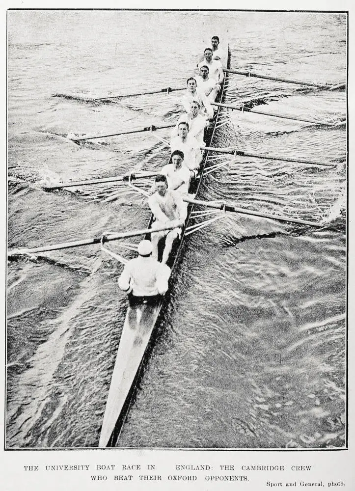 The university boat race in England: the Cambridge crew who beat their Oxford opponents