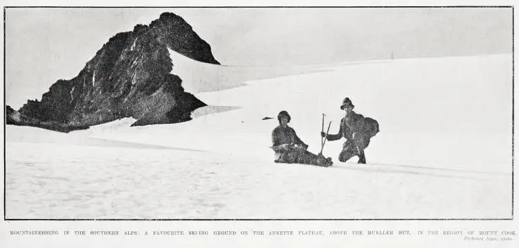 Mountaineering in the Southern Alps: a favourite skiing ground on the Annette Plateau, above the Mueller Hut, in the region of Mount Cook