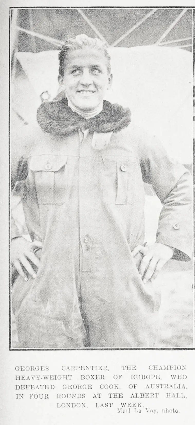 Georges Carpentier, the champion heavy-weight boxer of Europe, who defeated George Cook, of Australia, in four rounds at the Albert Hall, London, last week