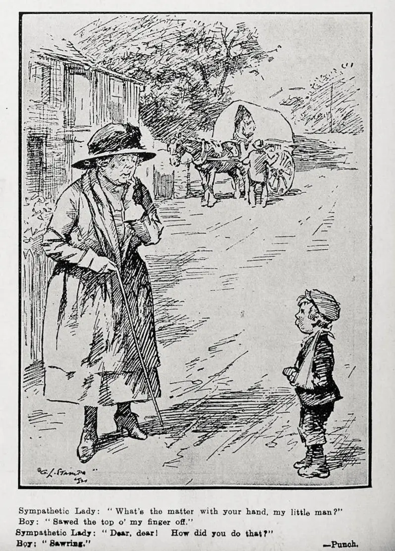 Cartoon: Woman and young boy with his arm in a sling