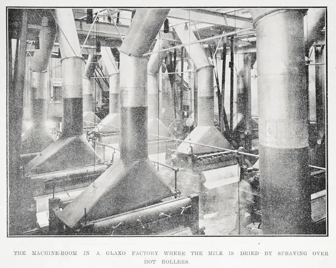 The machine-room in a Glaxo Factory where the milk is dried by spraying over hot rollers