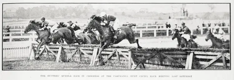 The Hunters' Hurdle race in progress at the Pakuranga Hunt Club's race meeting last Saturday