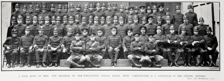 A fine body of men: the members of the Wellington Police Force, with commissioner O. C. O'Donovan in the centre (sitting)