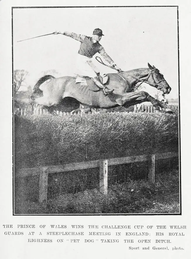 The Prince of Wales wins the Challenge Cup of the Welsh Guards at a steeplechase meeting in England: His Royal Highness on 'Pet Dog' taking the open ditch