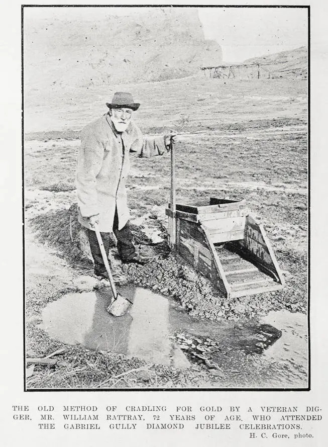 The old method of cradling for gold by a veteran digger, Mr. William Rattray, 72 years of age, who attended the Gabriel Gully Diamond Jubilee celebrations