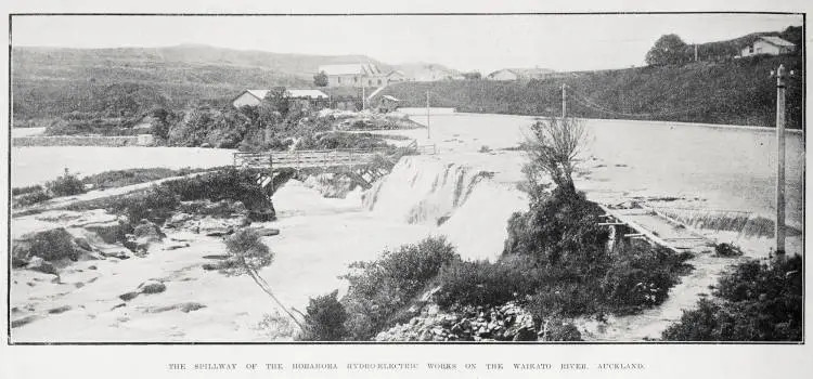 The spillway of the Horahora hydro-electric works on the Waikato River, Auckland