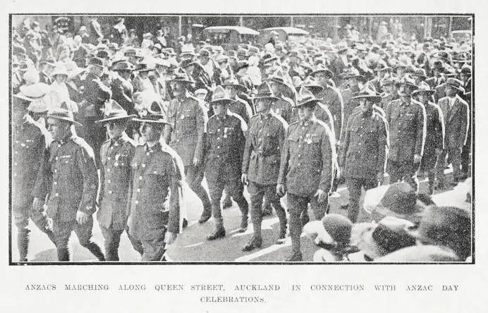 Anzacs marching along Queen Street, Auckland in connection with Anzac Day celebrations