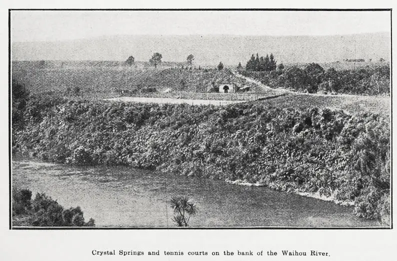 Crystal Springs and tennis courts on the bank of the Waihou River