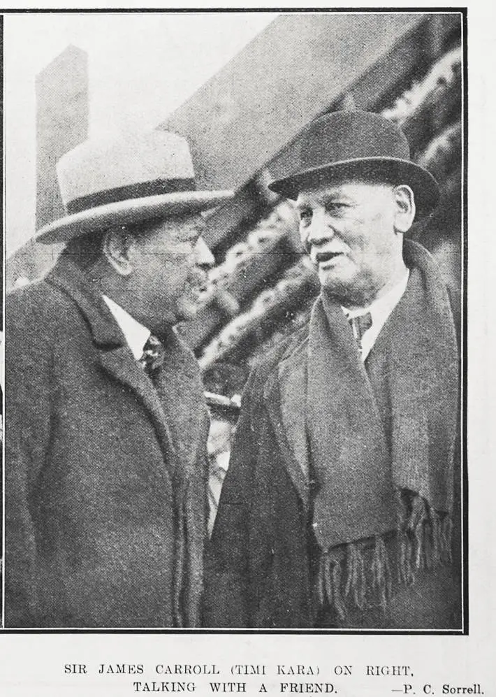 Sir James Carroll (Timi Kara) on right, talking with a friend