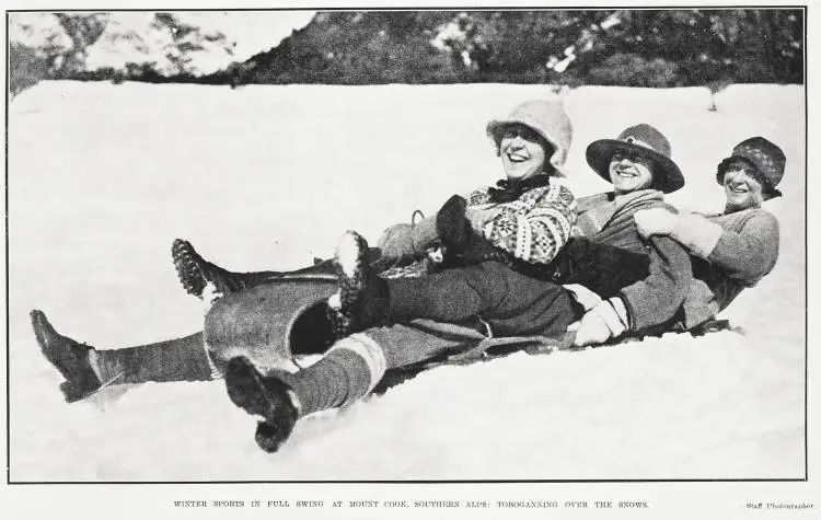 Winter sports in full swing at Mount Cook, Southern Alps: tobogganing over the snows
