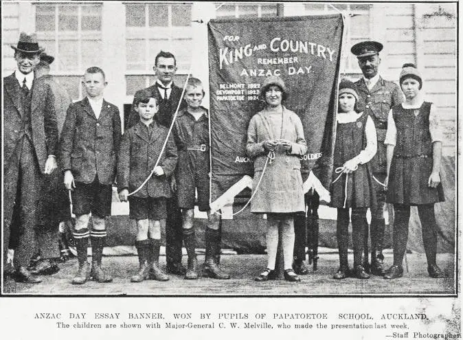 Anzac Day essay banner, won by pupils of Papatoetoe School, Auckland