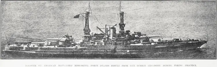 Disaster on American battleship Mississippi: forty deaths result from gun turret explosion during firing practice