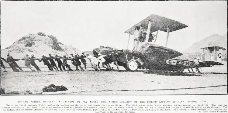 British airmen unlucky in attempt to fly round the world: incident of the forced landing at Lake Corrisia, Corfu