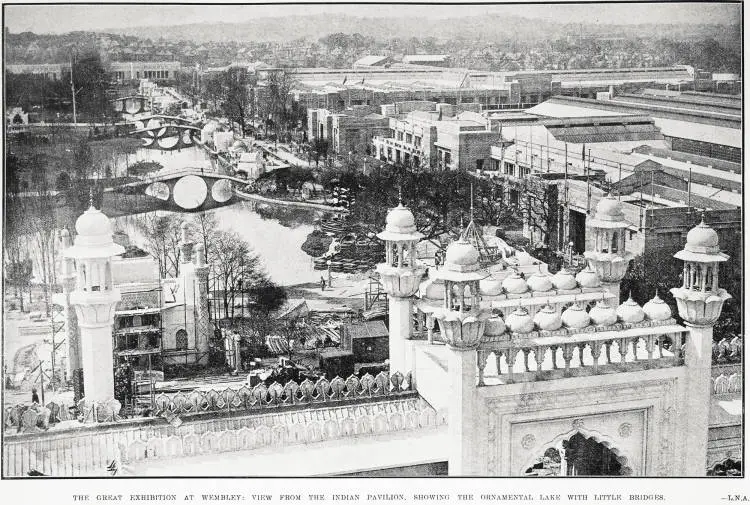 The Great Exhibition at Wembley: view from the Indian Pavilion, showing the ornamental lake with little bridges