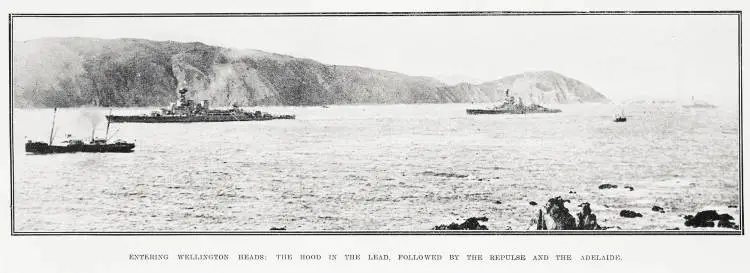 Entering Wellington heads: the Hood in the lead, followed by the Repulse and the Adelaide