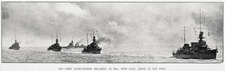 The first light-cruiser squadron at sea, with H.M.S. Delhi in the lead