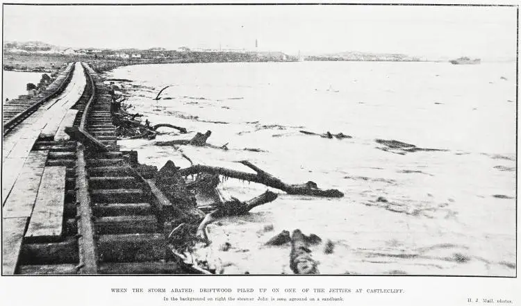 When the storm abated: driftwood piled up on one of the jetties at Castlecliff