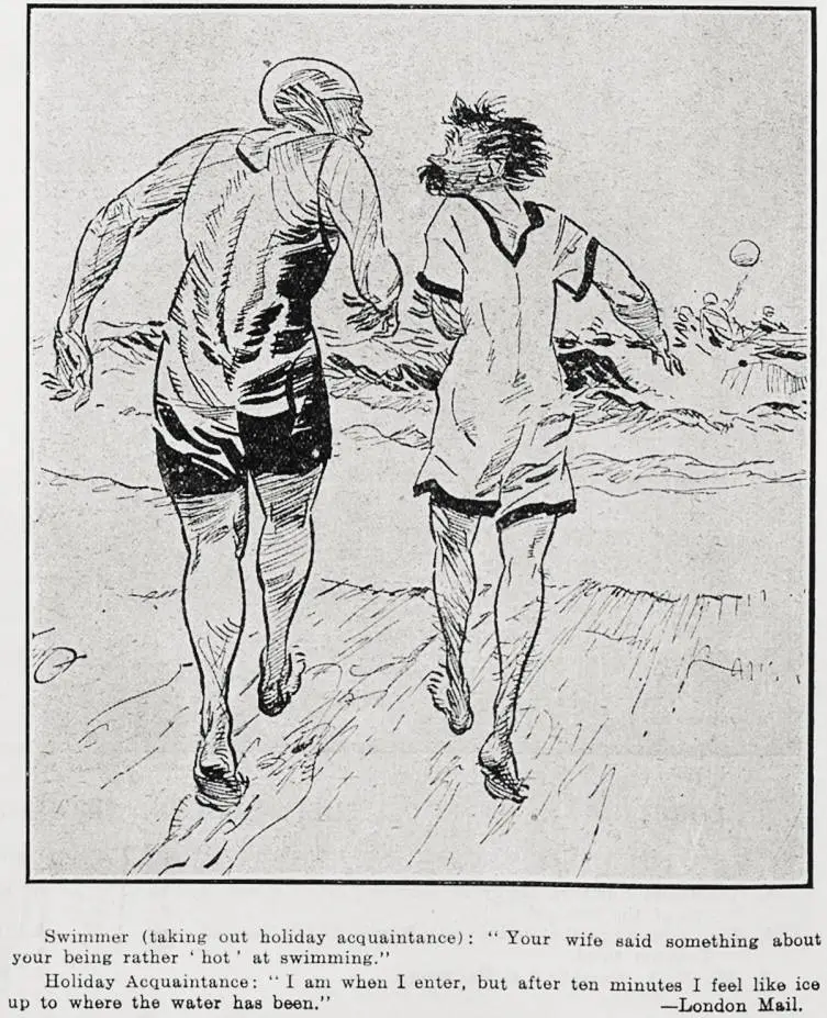 Cartoon: Two men entering the sea for a swim