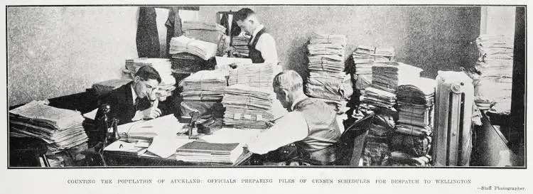 Counting The Population of Auckland: Officials Preparing Piles of Census Schedules For Despatch To Wellington