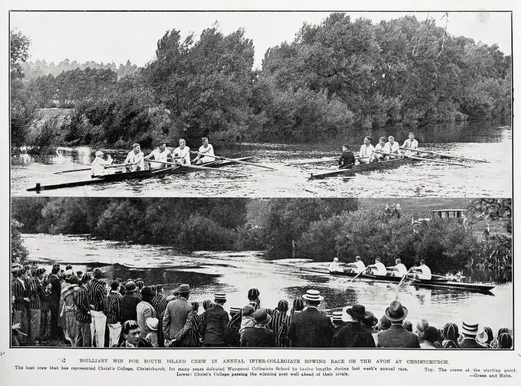 Brilliant win for South Island crew in annual inter-collegiate rowing race on the Avon at Christchurch